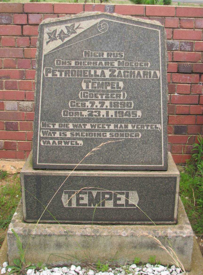 TEMPEL Petronella Zacharia nee COETZER 1890-1945